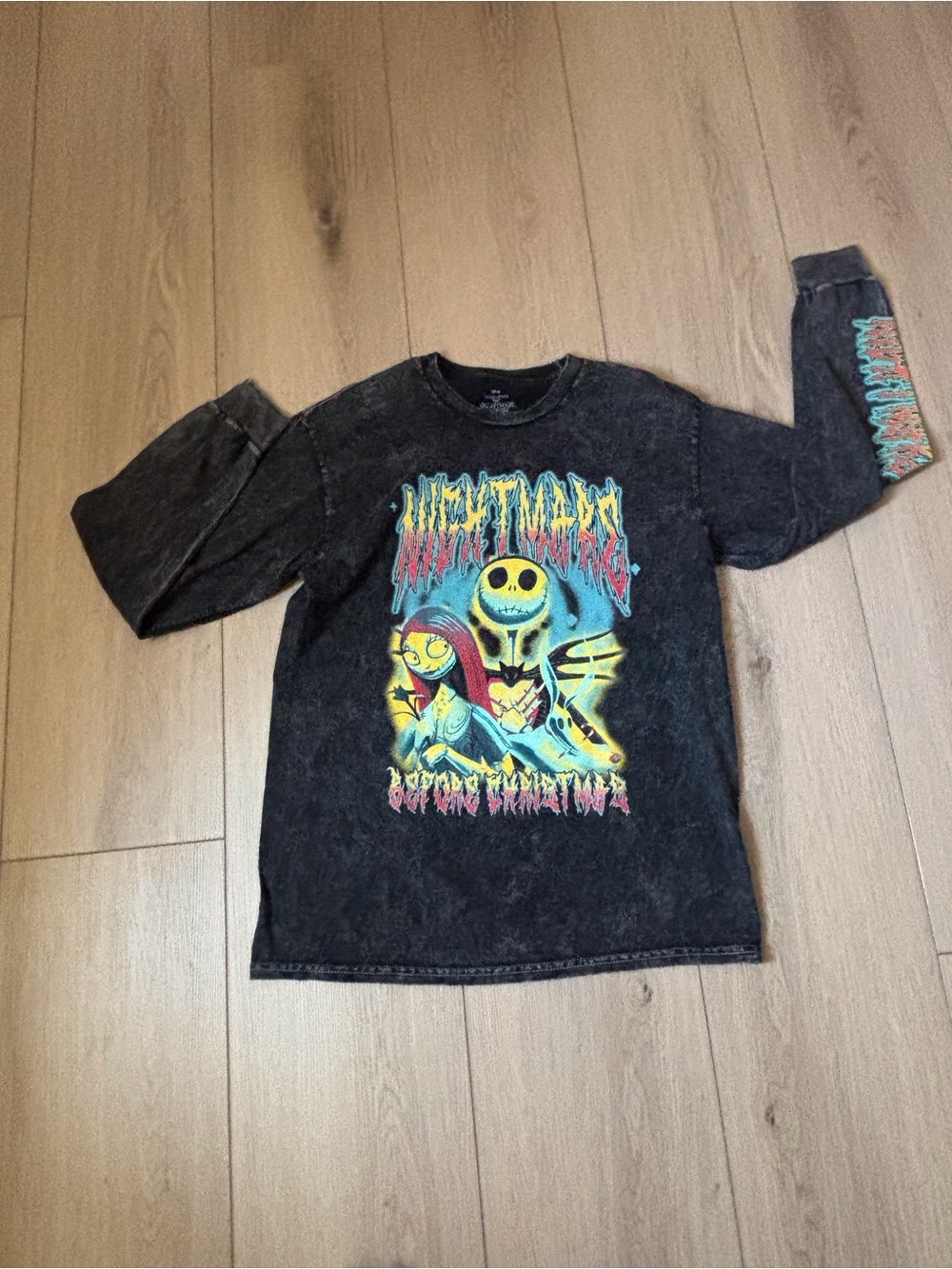 Disney Black Acid-Wash Long Sleeve Tee with Neon Yellow & Teal Graphic